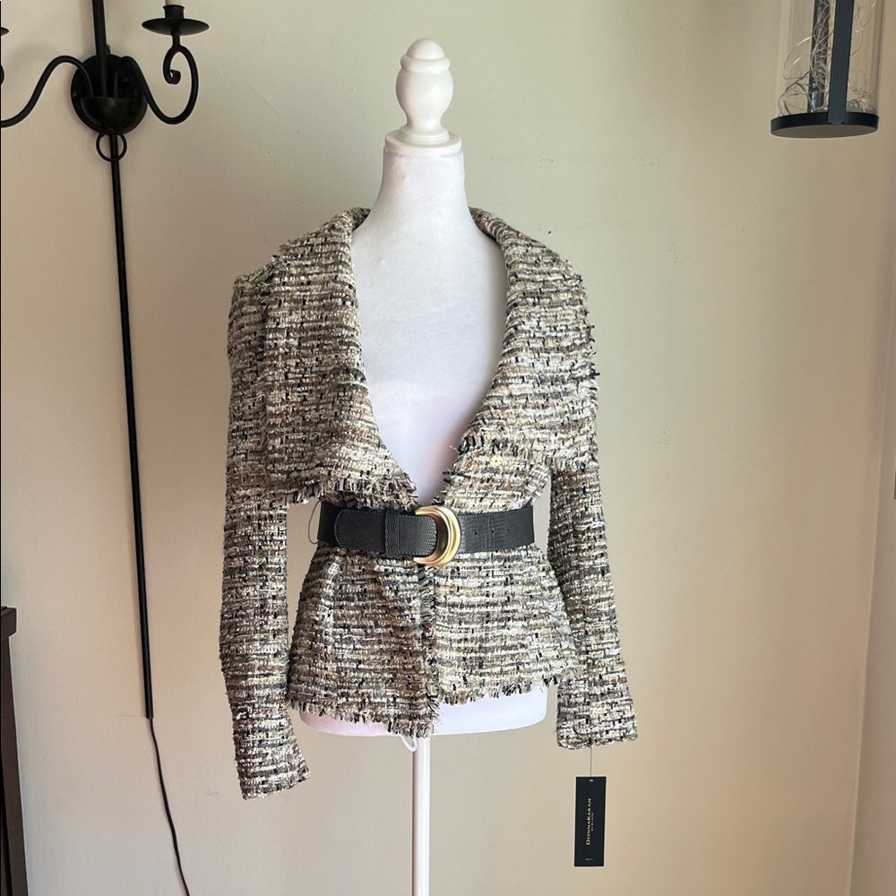 Donna Karan Black and Cream Bouclé Belted Blazer